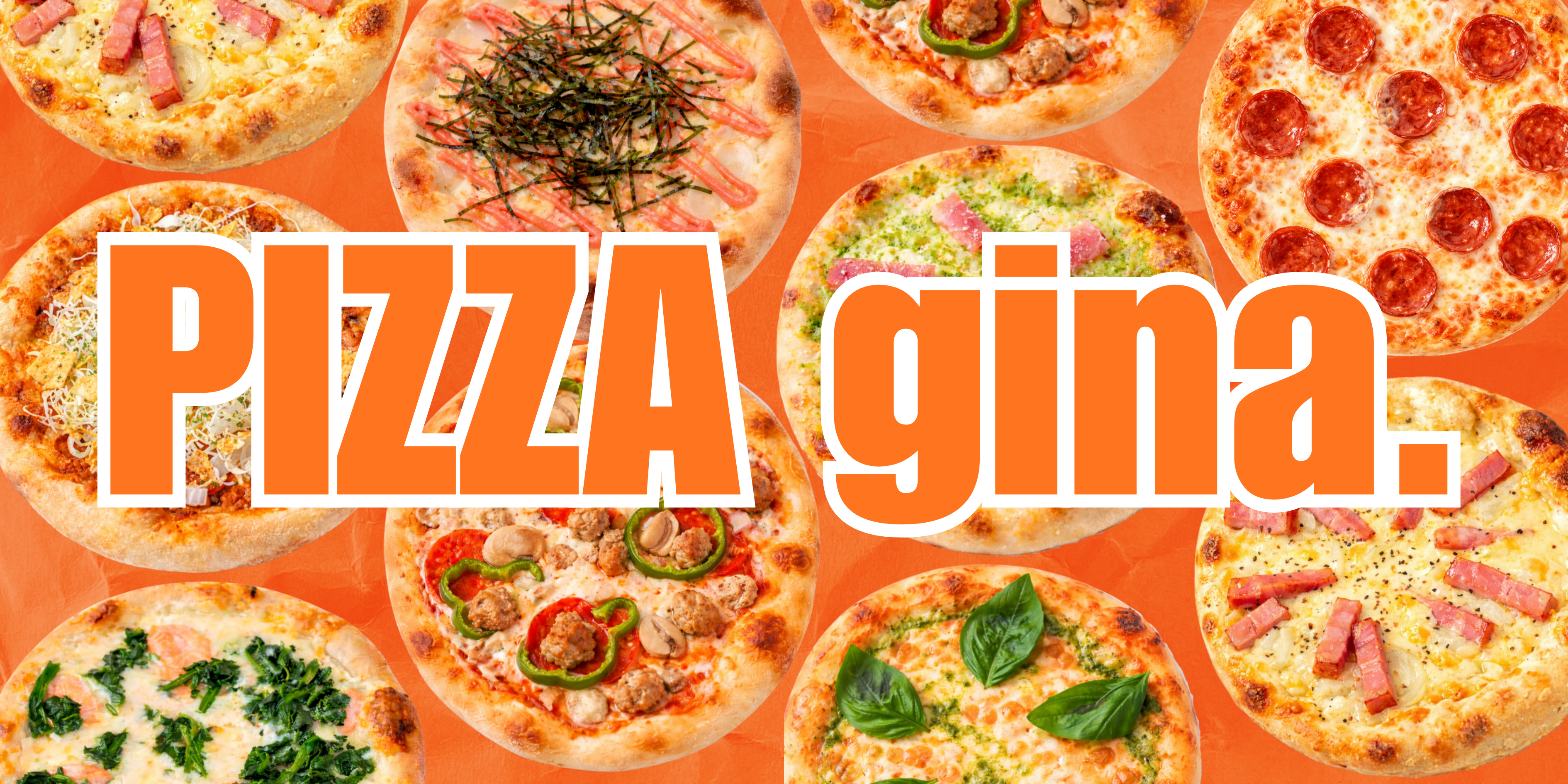PIZZA gina. のピザとロゴの横断幕
